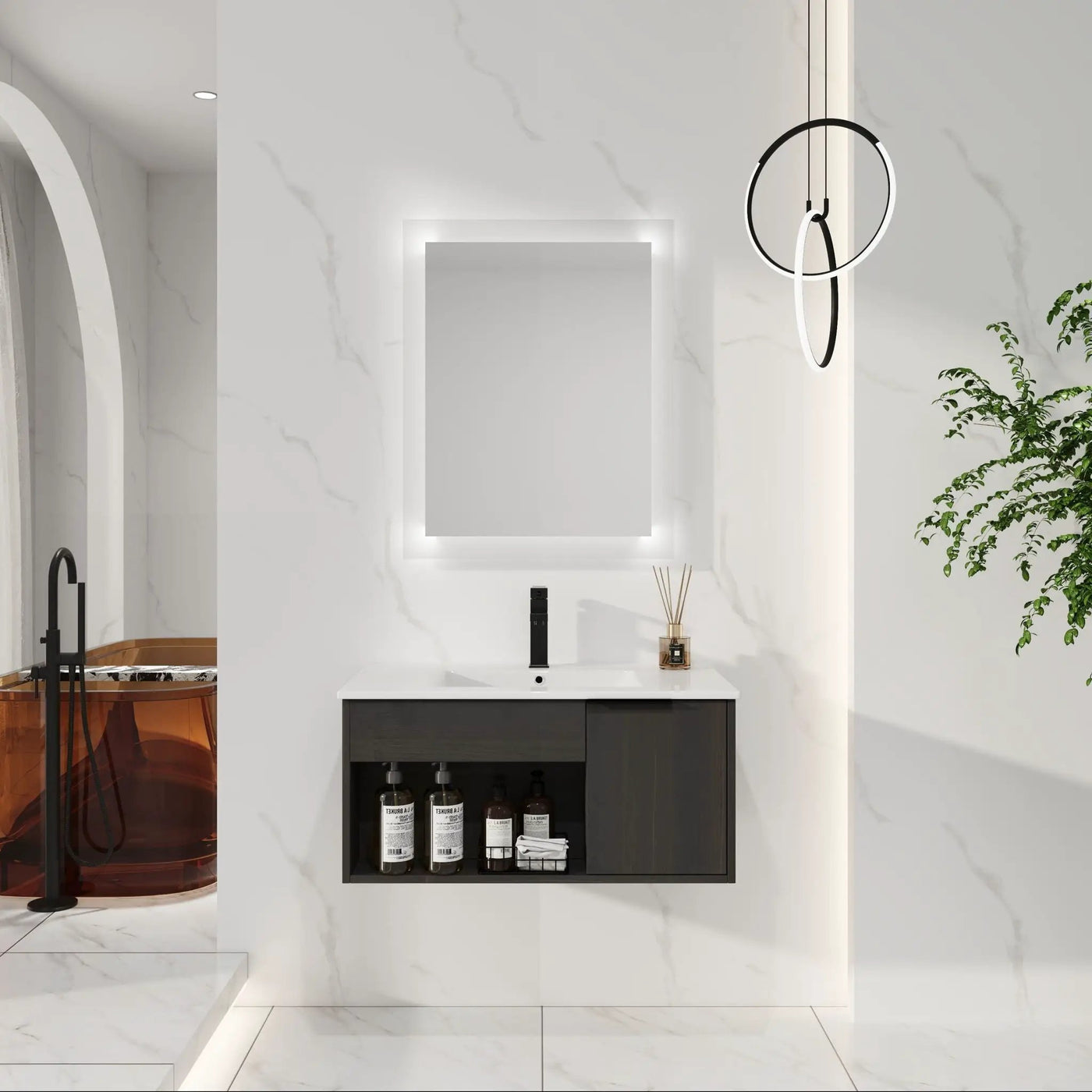 Wall Mounted Floating Bathroom Vanity With Open Shelf & Soft Close Door by HouseOfZazla