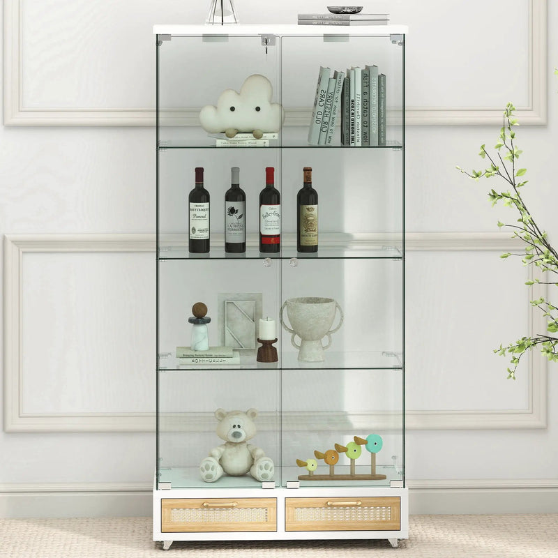Glass Display Cabinet With LED Lights, Tempered Glass Doors, Large Drawers, 2 Door Storage Case With 4 Shelves - Natural / White by Unique Piece Furniture