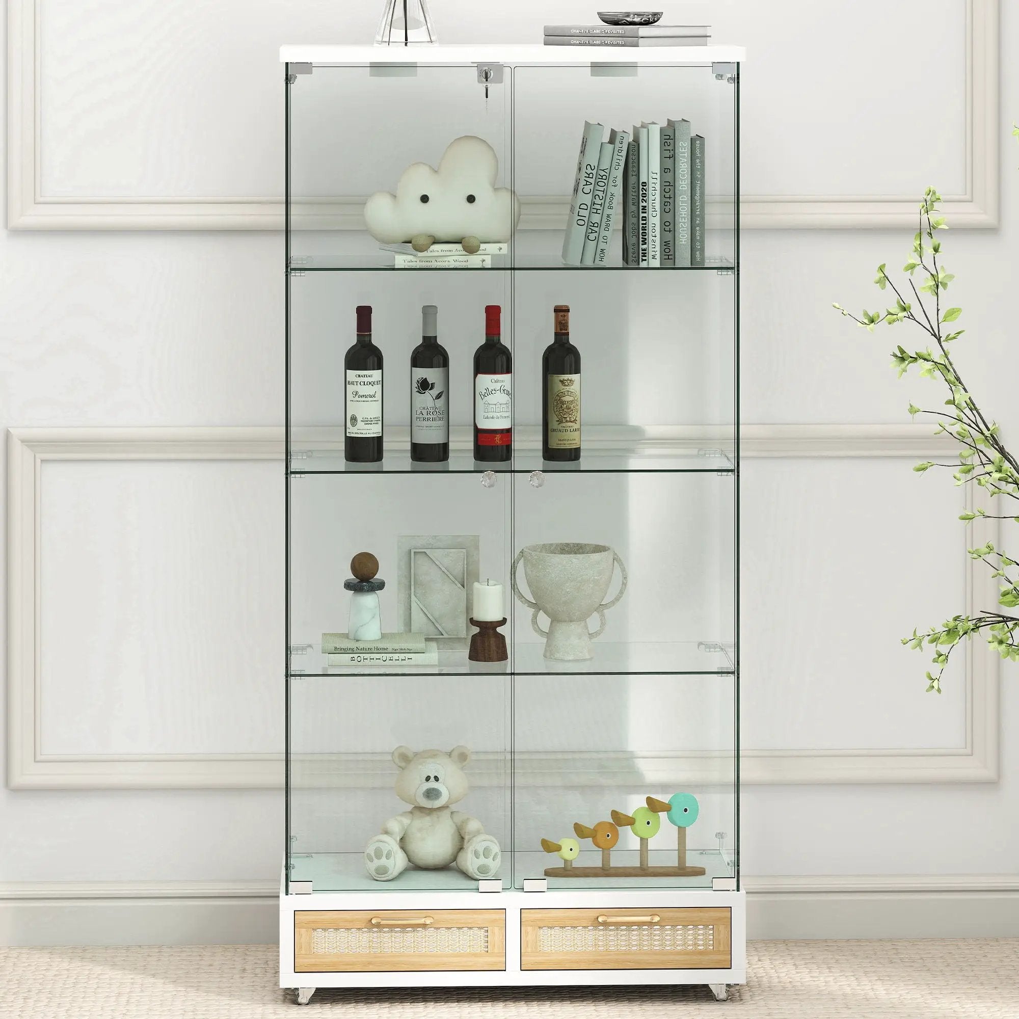 Glass Display Cabinet With LED Lights, Tempered Glass Doors, Large Drawers, 2 Door Storage Case With 4 Shelves - Natural / White by HouseOfZazla