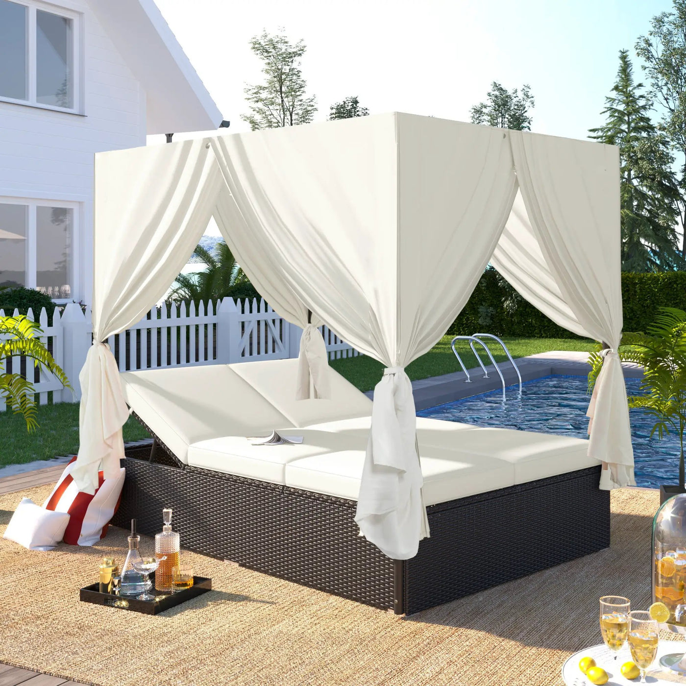 U_STYLE Outdoor Double Chaise Lounge Daybed with Curtains by HouseOfZazla