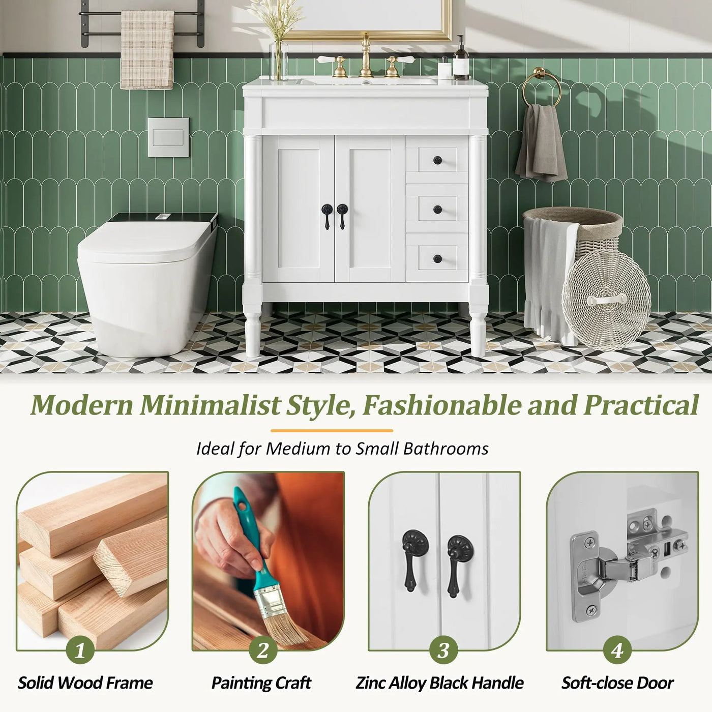Bathroom Vanity With Ceramic Sink, 2 Doors 3 Drawers, Soft Close Design by Unique Piece Furniture