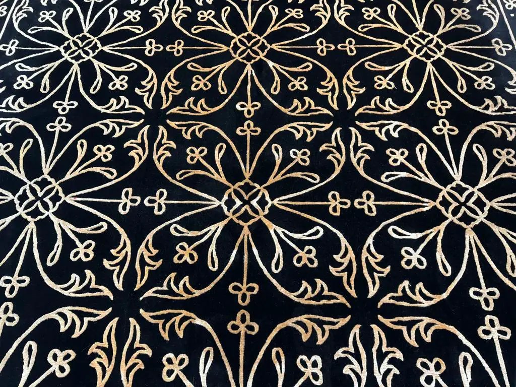 Tibetan Rug 8x10, Wool and Silk, Raised Pattern, Black and Gold, Floral by Jewel Rugs
