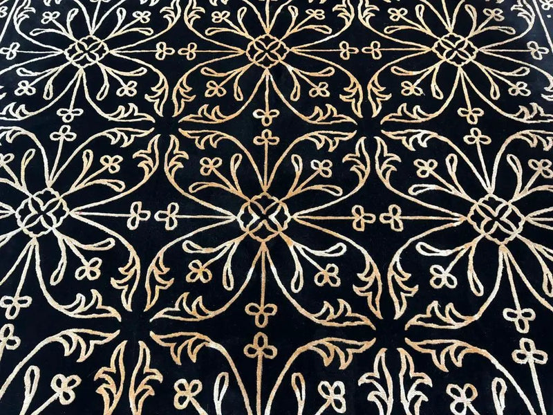 Tibetan Rug 8x10, Wool and Silk, Raised Pattern, Black and Gold, Floral by Jewel Rugs