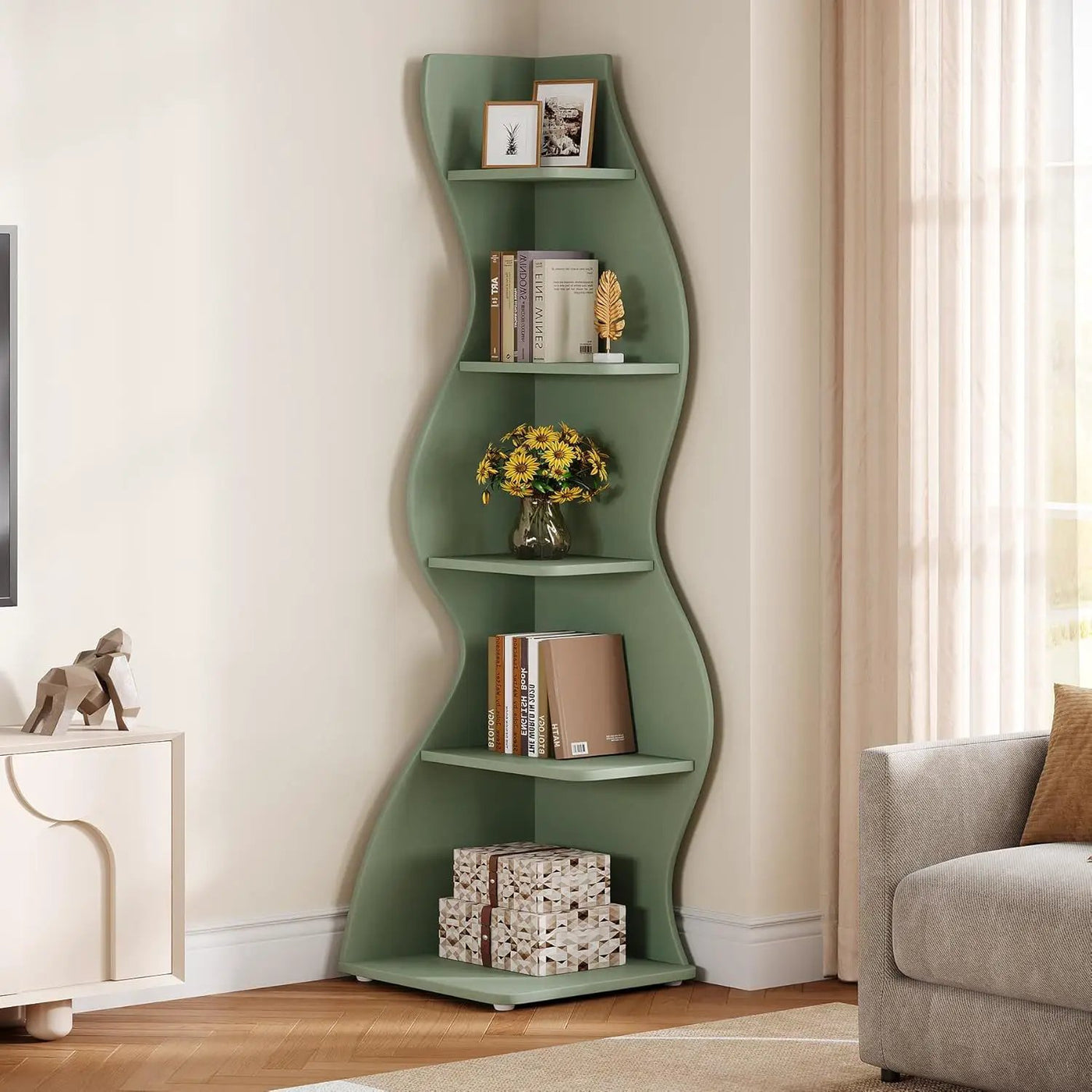 5 Tier Wavy Corner Bookshelf And Plant Stand For Living Room by HouseOfZazla