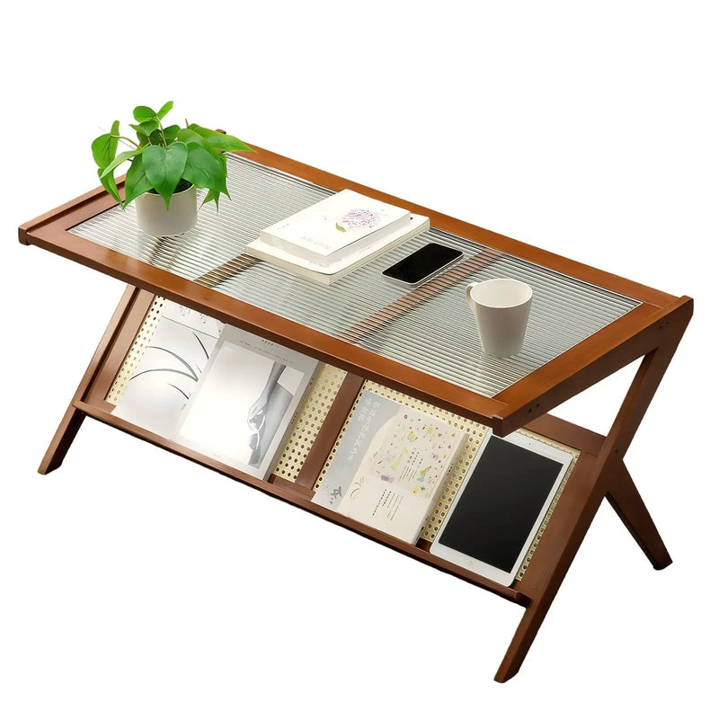 Rattan Coffee Tables For Living Room, Mid Century Modern Coffee Table With Glass Top, Large Boho Center Table With Storage - Brown by HouseOfZazla