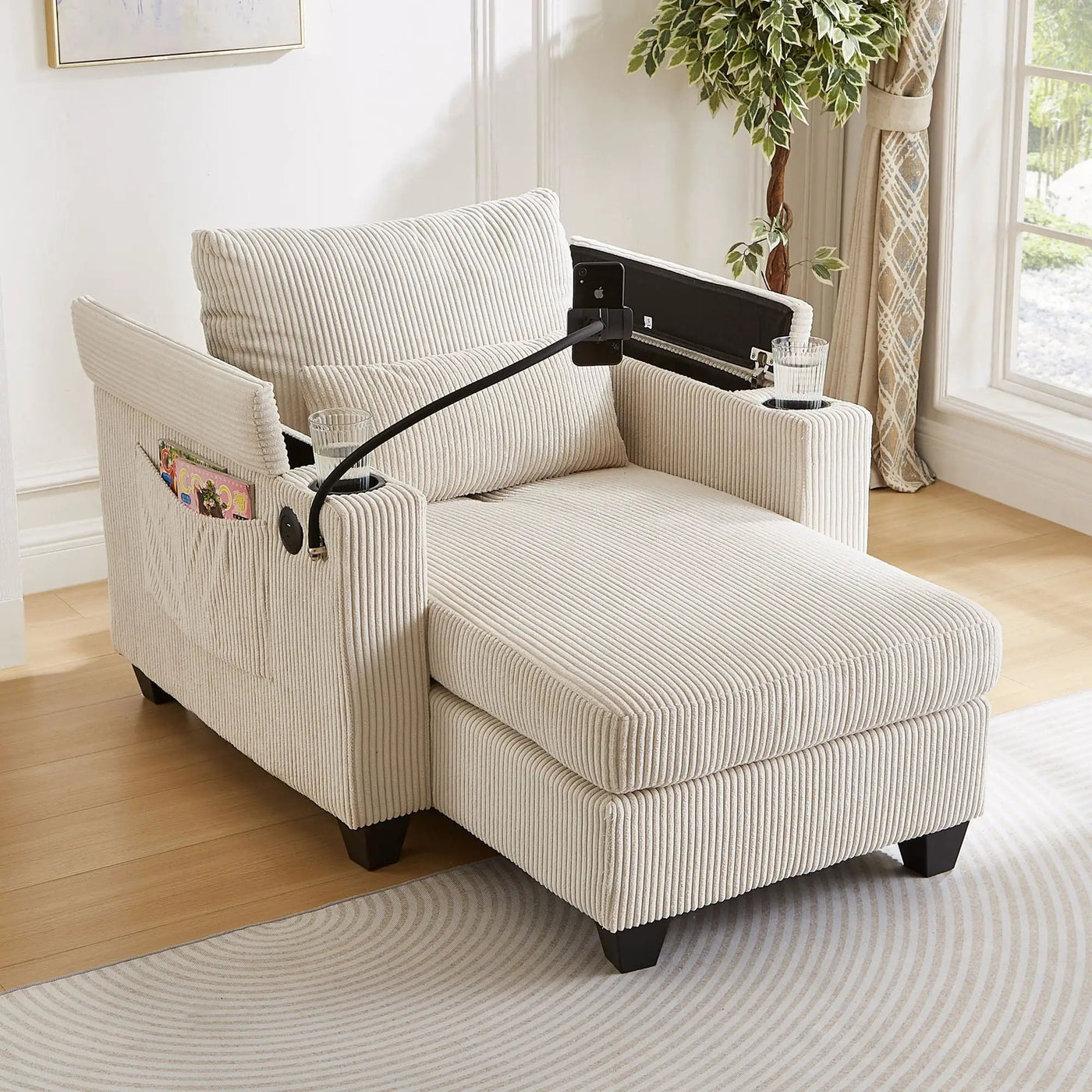 Convertible Chaise Lounge Sofa Chair With USB Ports, Cup Holders, Phone Holder And Storage by HouseOfZazla