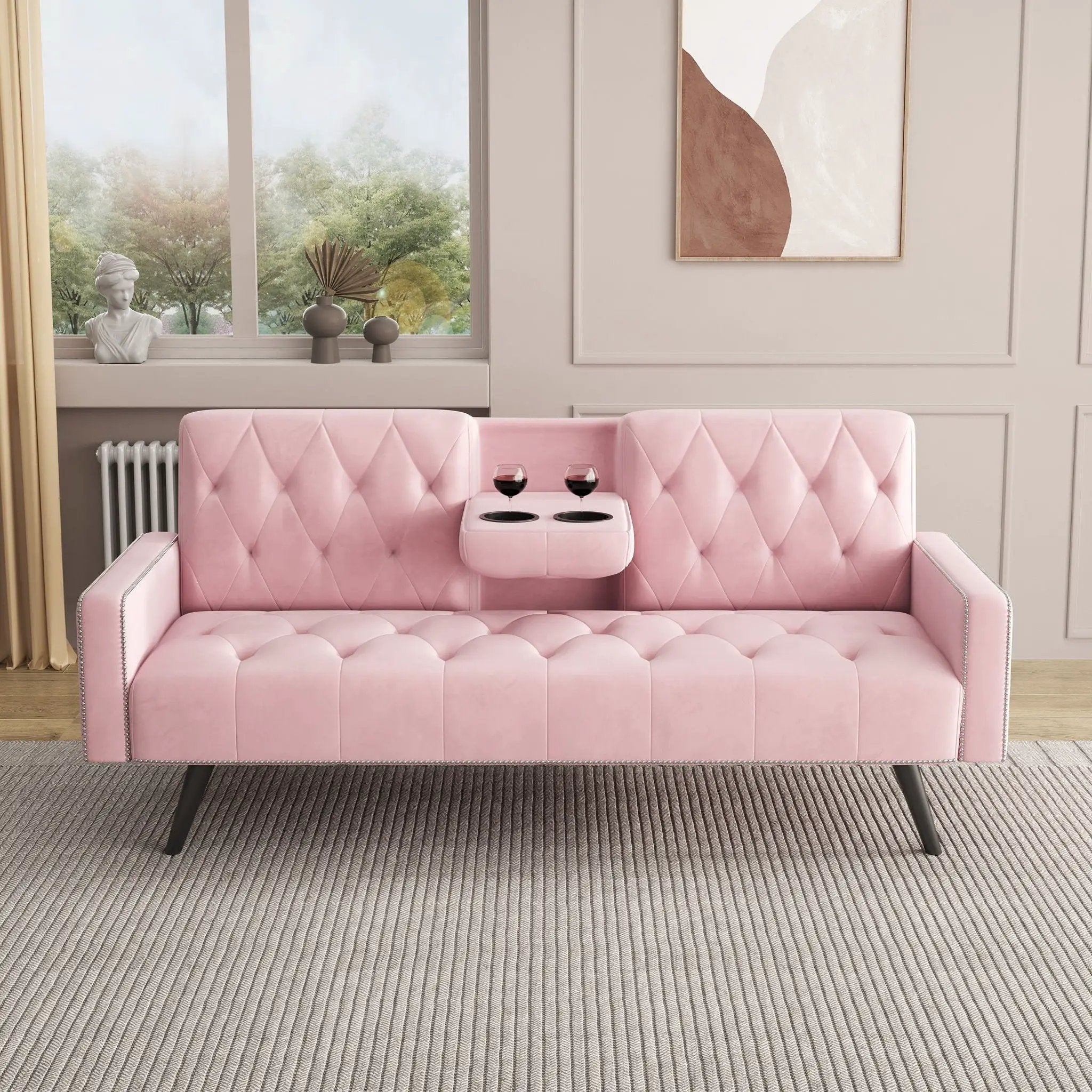 Sofa Bed With Nail Head Trim And Cup Holders - Pink by HouseOfZazla