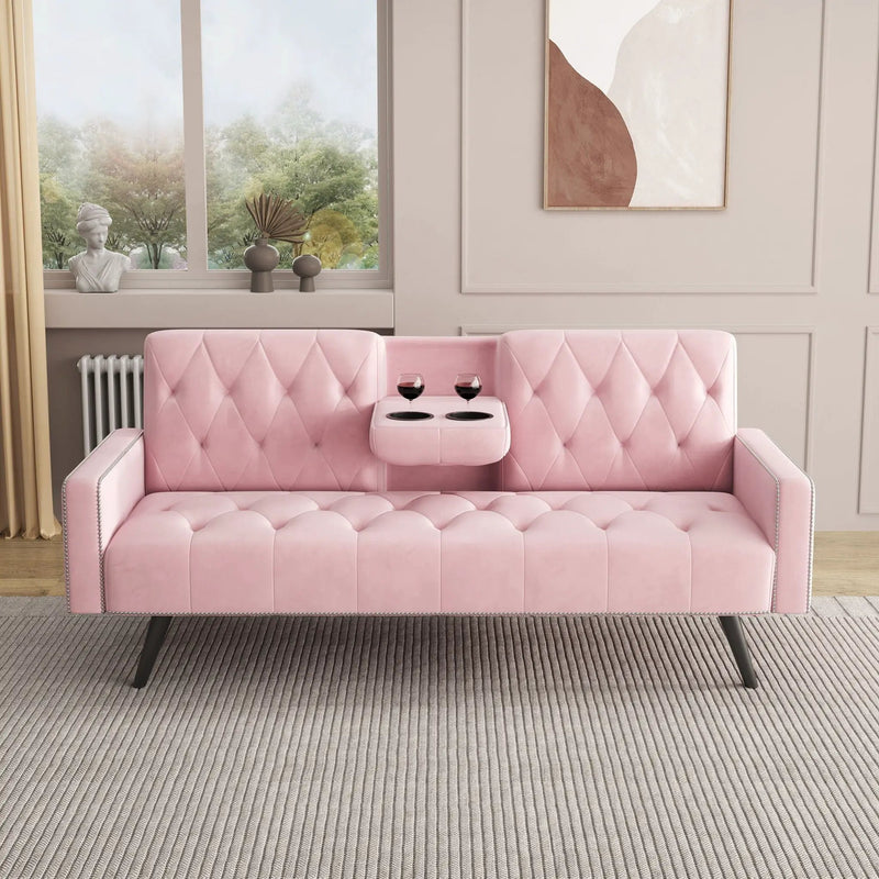 Sofa Bed With Nail Head Trim And Cup Holders - Pink by HouseOfZazla
