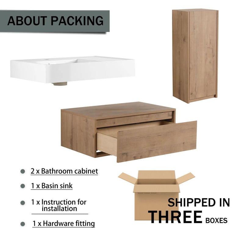 Modern Wall Mounted Bathroom Vanity With Resin Sink And Side Cabinet, Soft Close Drawer, Imitative - Imitative Oak by Unique Piece Furniture