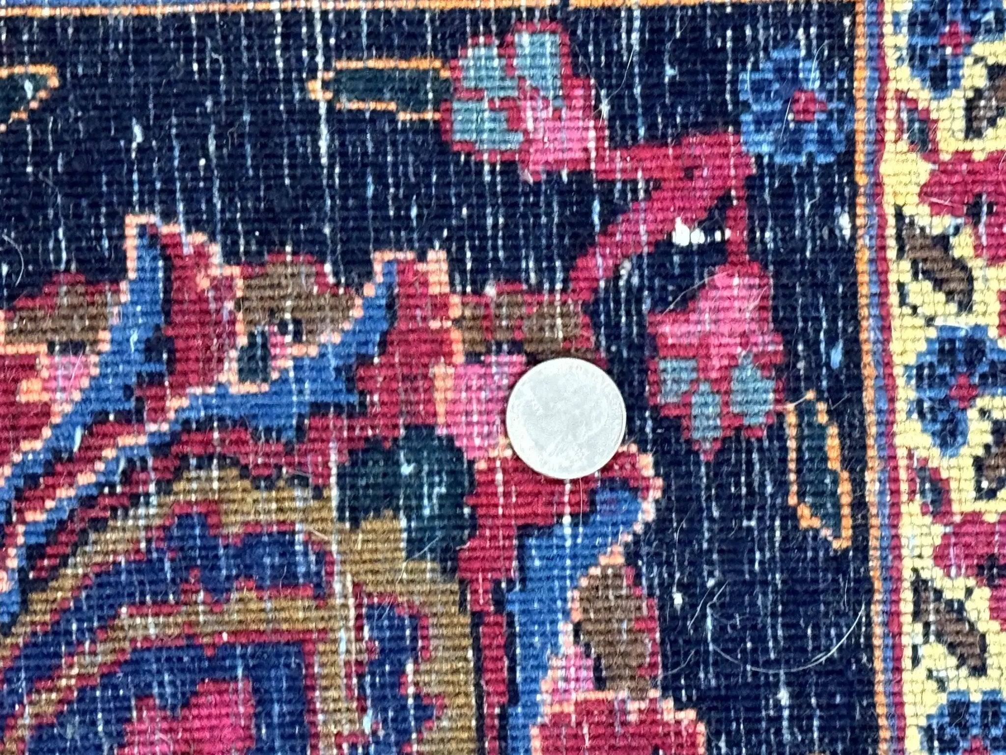 Palace Size Persian Mashad Rug 12x16, Raspberry and Navy Blue, Signature from Master Weaver, Antique Handmade Large Wool Carpet by Jewel Rugs