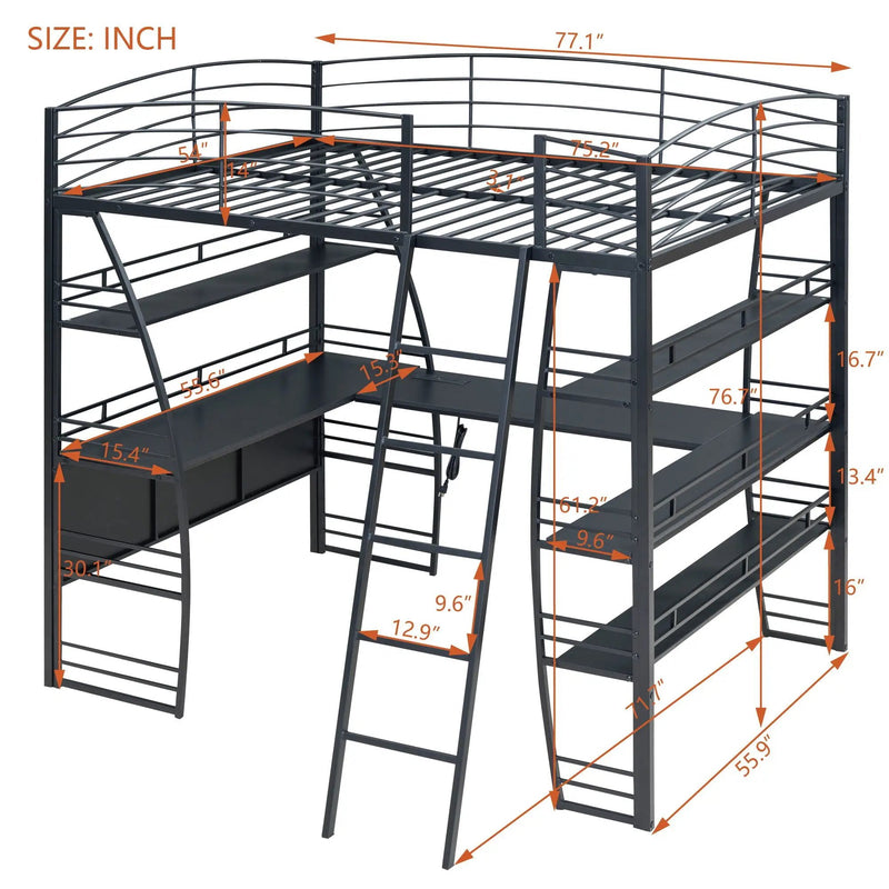 Loft Bed With 4 Layers Of Shelves And L-Shaped Desk, Stylish Metal Frame Bed With A Set Of Sockets, USB Ports And And Wireless Charging by HouseOfZazla