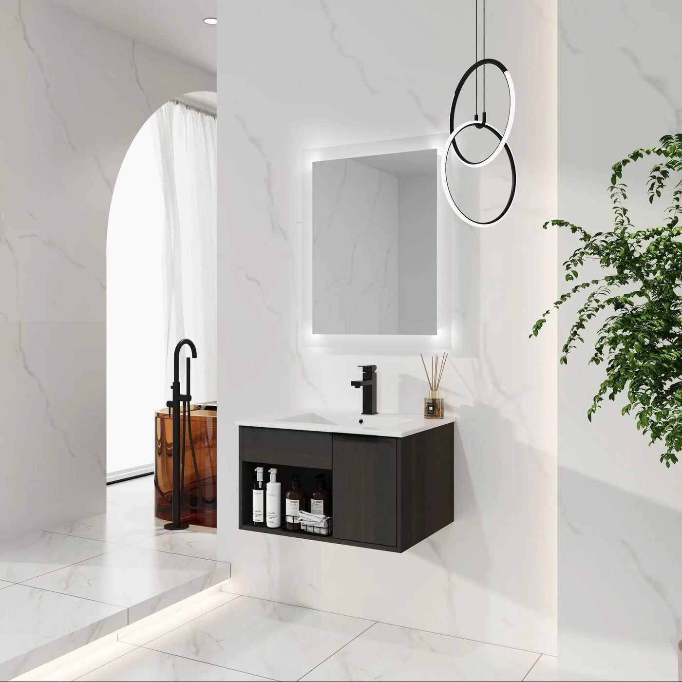 Wall Mounted Floating Bathroom Vanity With Open Shelf & Soft Close Door by HouseOfZazla