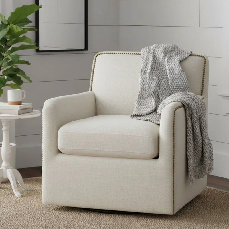 Tolland - Swivel Accent Chair With Antique Brass Nailhead Trim - Cream by HouseOfZazla