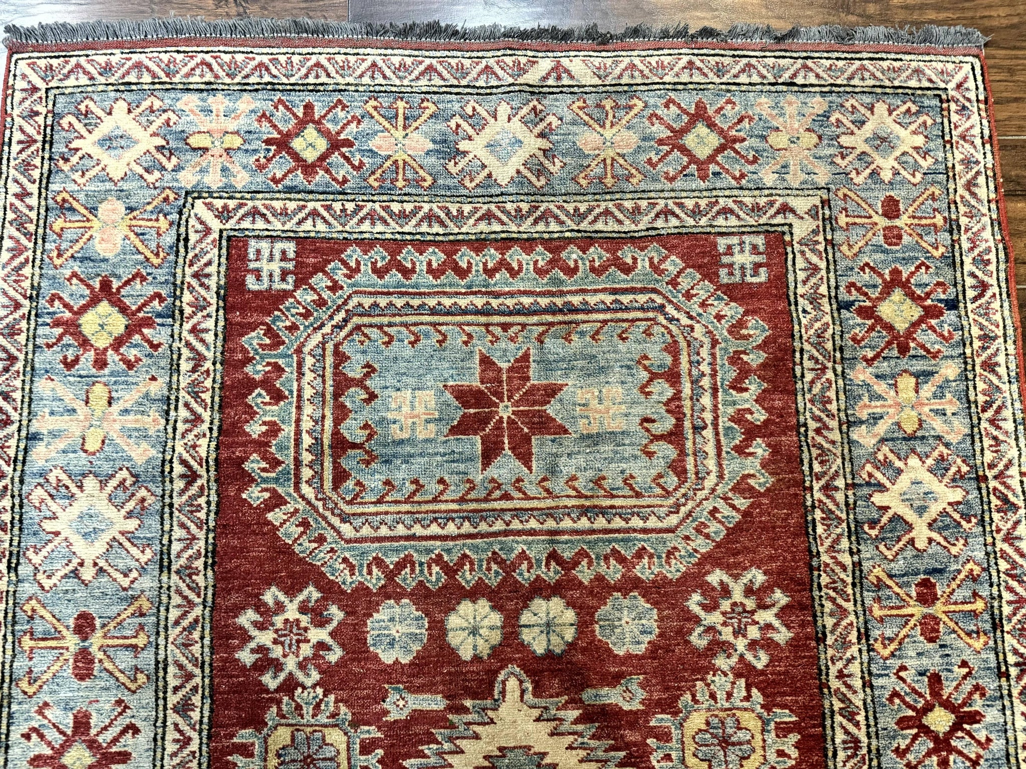 Turkish Kazak Rug 4x6, Handmade Vintage Wool Carpet, Geometric Design, Red and Light Blue by Jewel Rugs