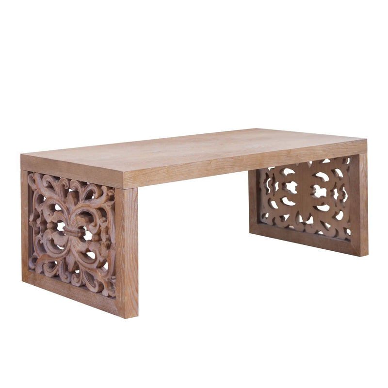 Rustic Carved Wood Coffee Table, Handcrafted Look With Ornate Side Panels by Unique Piece Furniture