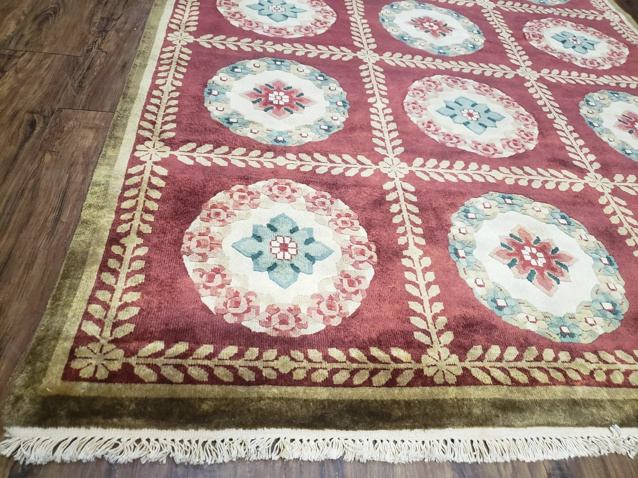 Nepalese Aubusson Panel Rug 6x9, Red & Ivory Soft Plush Tibetan Pile Rug, Wool Hand-Knotted Carpet, 6 x 9 Elegant Area Rug, Office Room Rug by Jewel Rugs