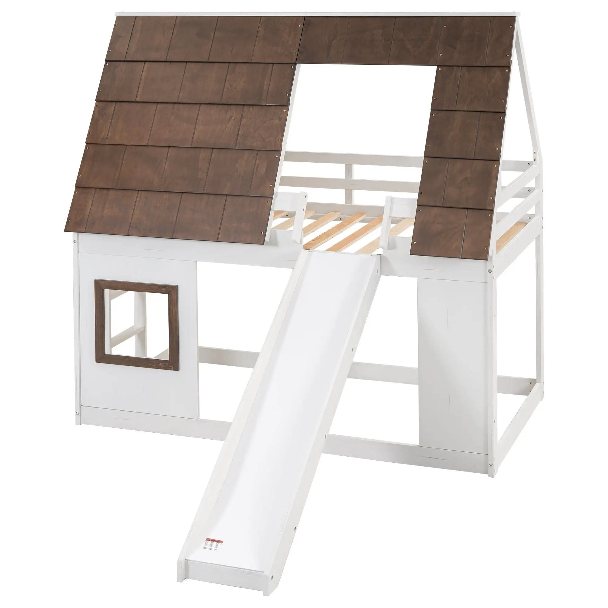 Wood Twin Size House Bunk Bed With Roof, Ladder And Slide - White / Brown by HouseOfZazla