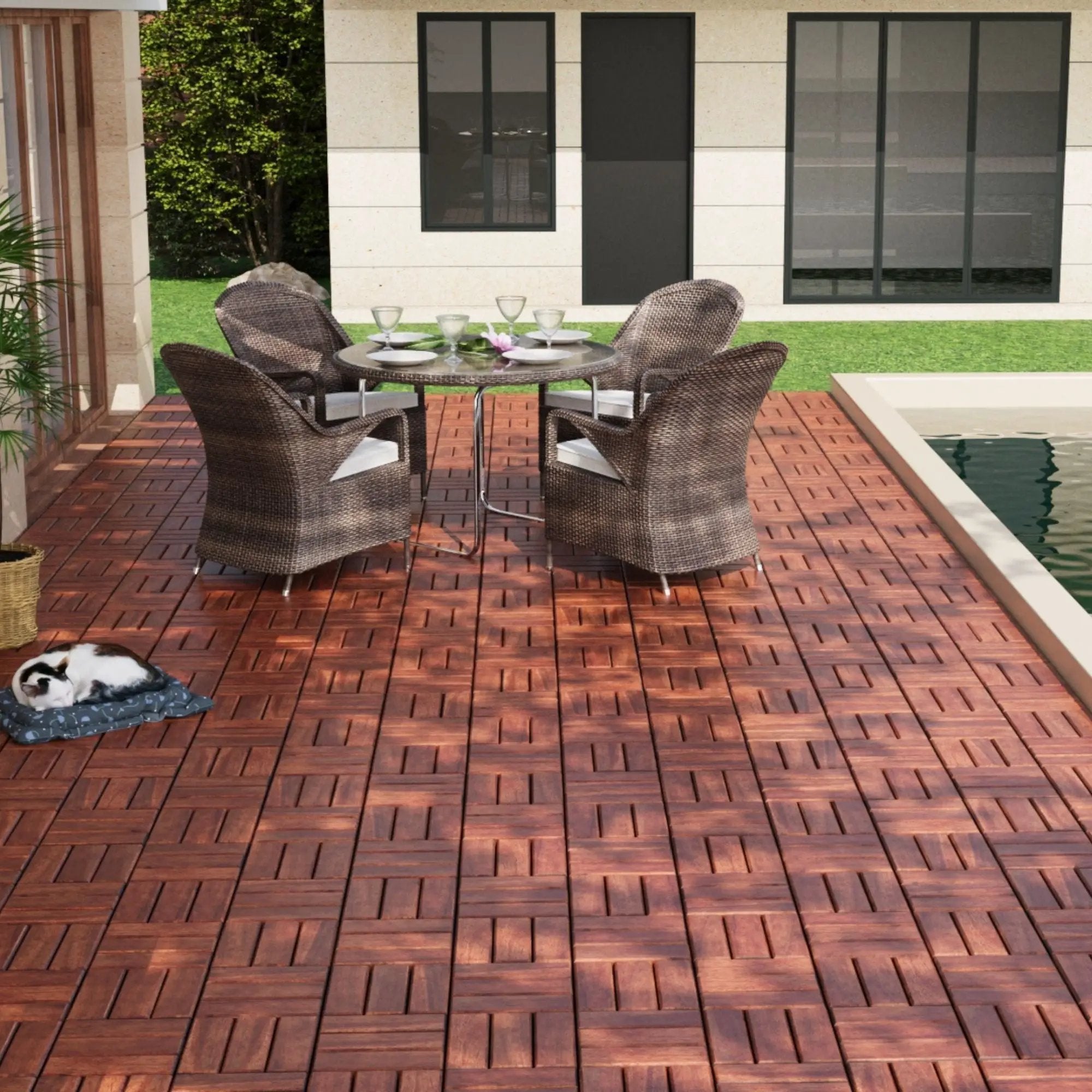 Interlocking Deck Tiles Checker Pattern, Square Acacia Hardwood Outdoor Flooring For Patio, Bancony, Pool Side by HouseOfZazla