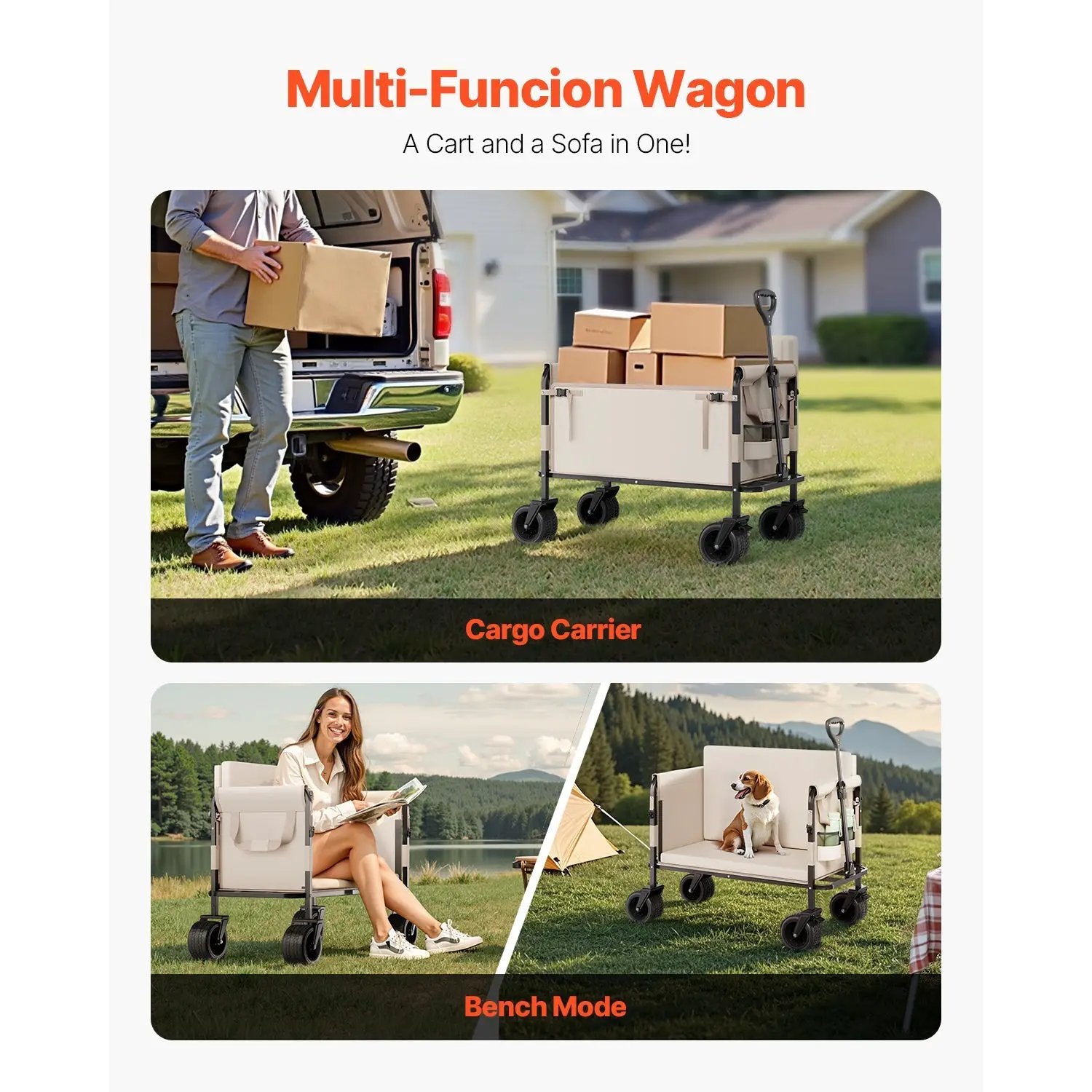 Foldable Wagon Cart Converts to Bench 550lb Load & 220L Utility Wagon for Camp by HouseOfZazla