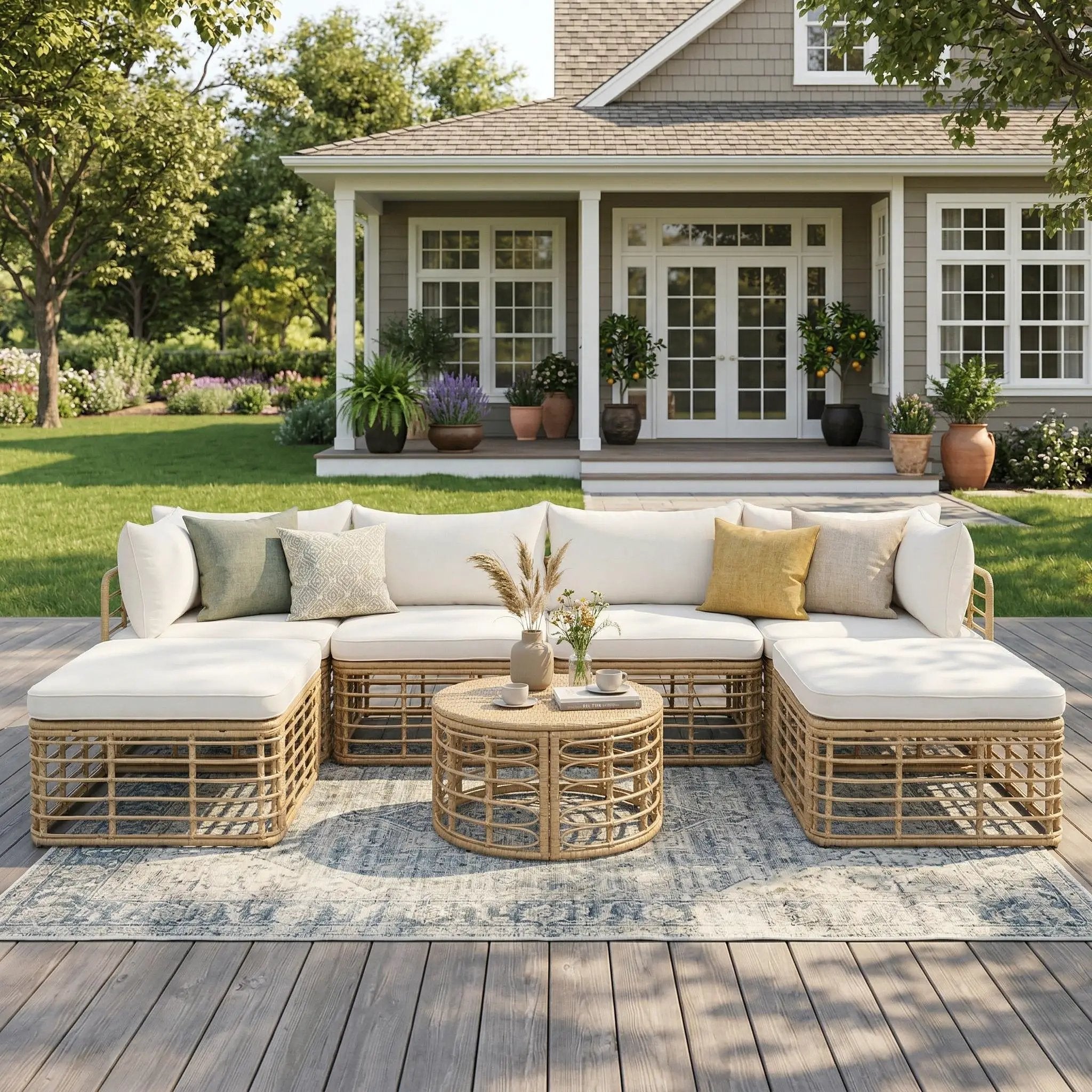 Outdoor Patio Furniture, All-Weather Rattan Sectional Sofa Set With Thick Cushions And Pillows, Freely Combined Conversation Sets For Garden, Backyard, Balcony by Unique Piece Furniture