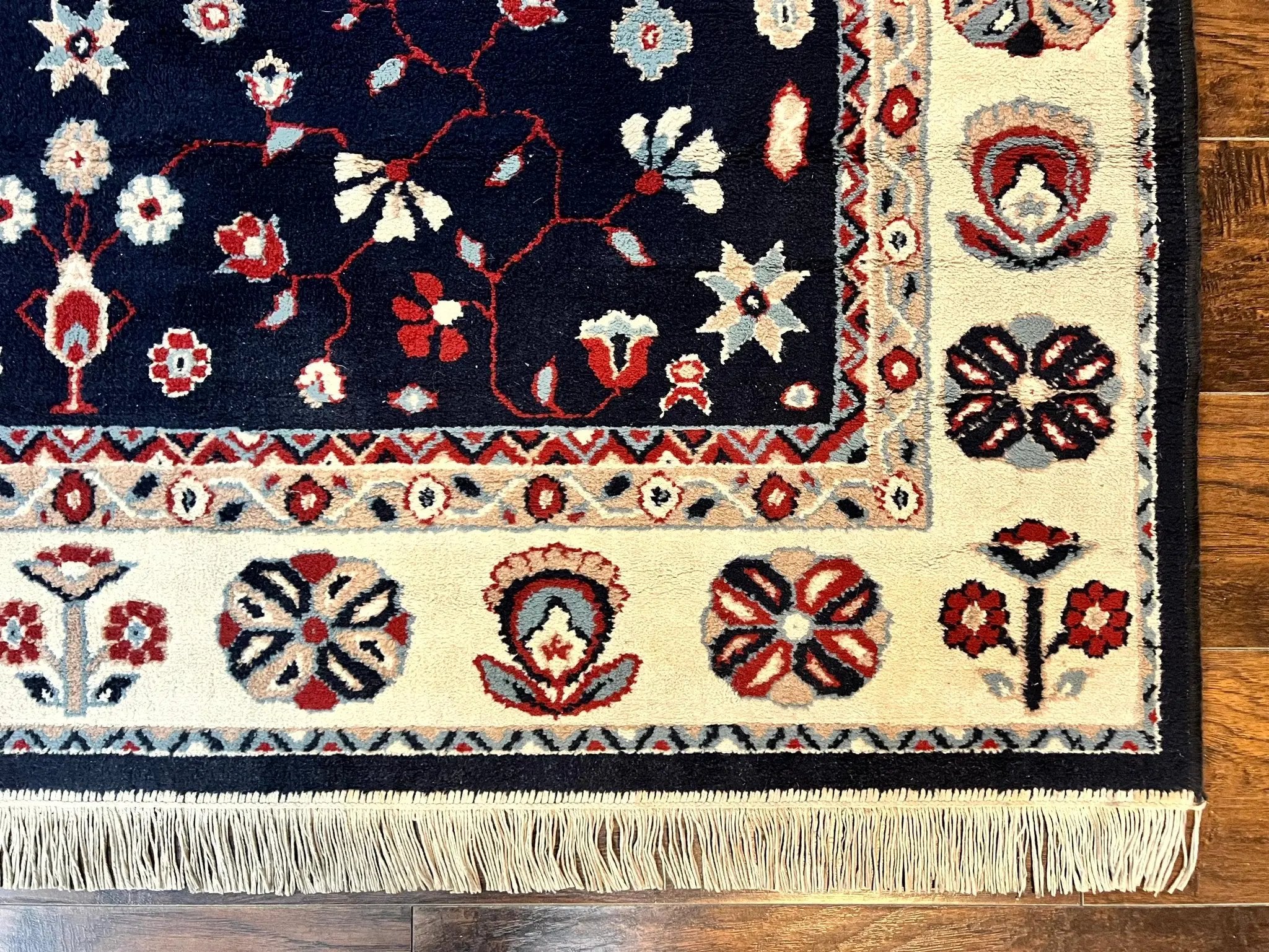 Belgium Power Loomed Rug 5.6 x 7, Navy Blue and Ivory, Heriz Pattern, Vintage Oriental Carpet by Jewel Rugs