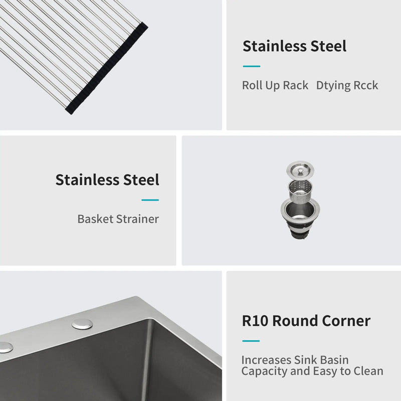 Drop In Kitchen Sink, 16 Gauge Stainless Steel, Single Bowl, Topmount Basin by HouseOfZazla