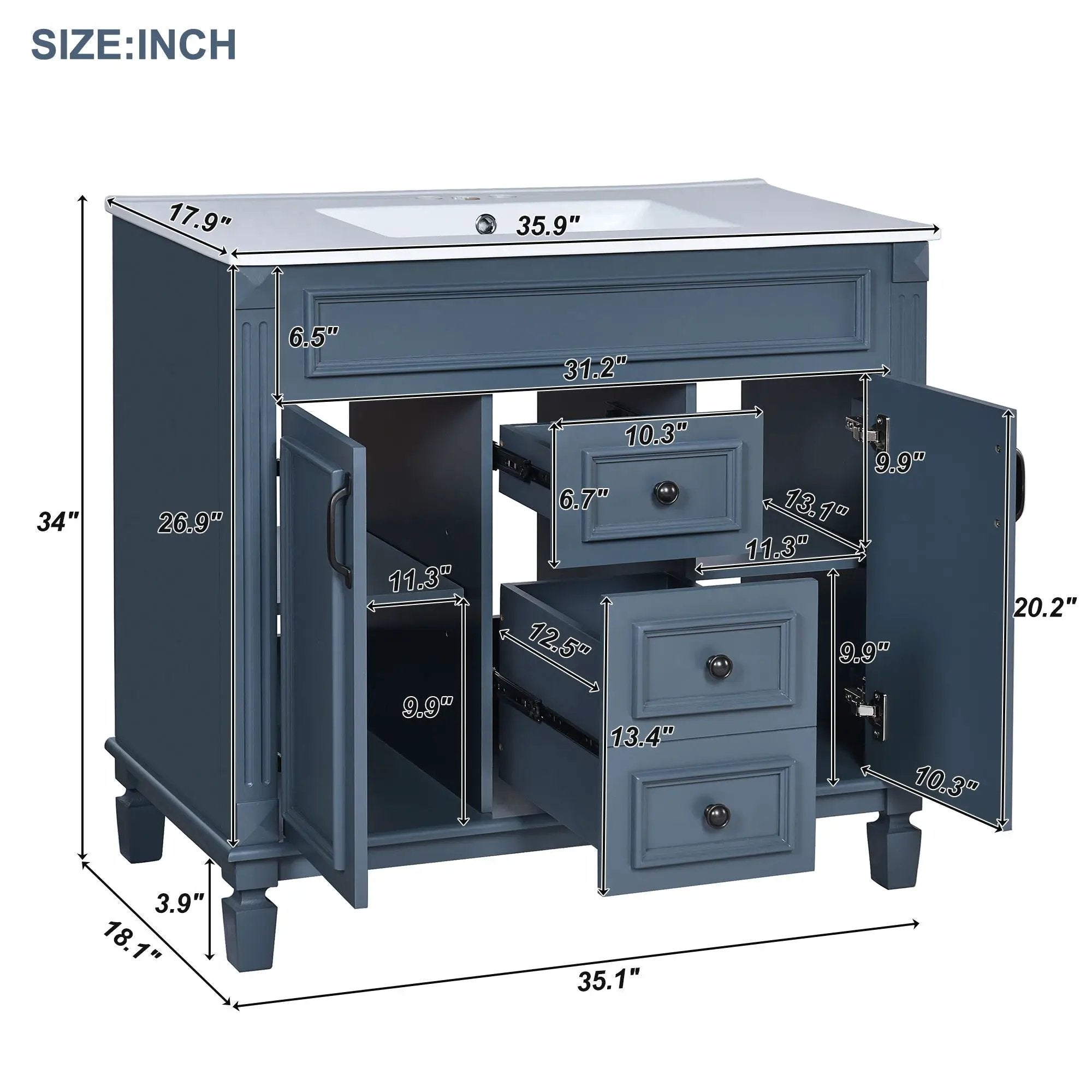 36" Bathroom Vanity With Ceramic Sink and Soft-Close Doors - Blue