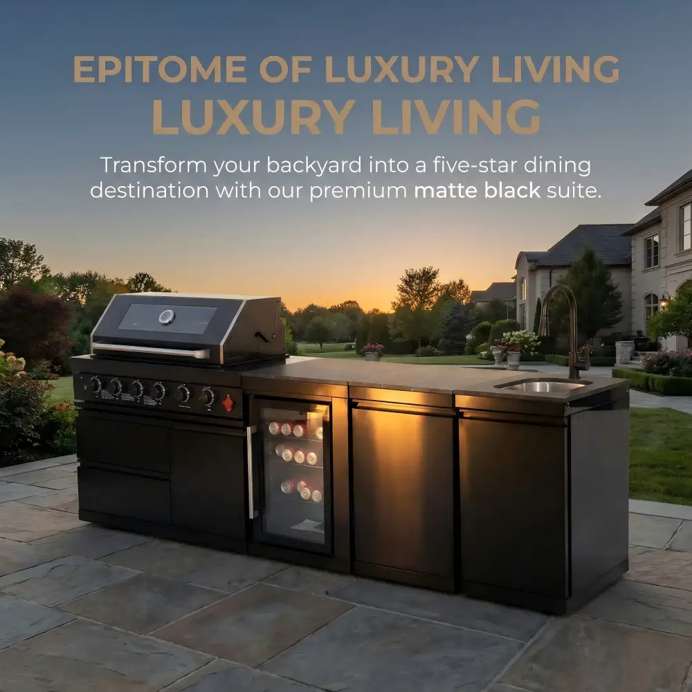 104" 4-Burner 72,000 BTU Black Outdoor Kitchen Bar Barbecue Island Grill + Wine Cooler + Sink by Chery Industrial