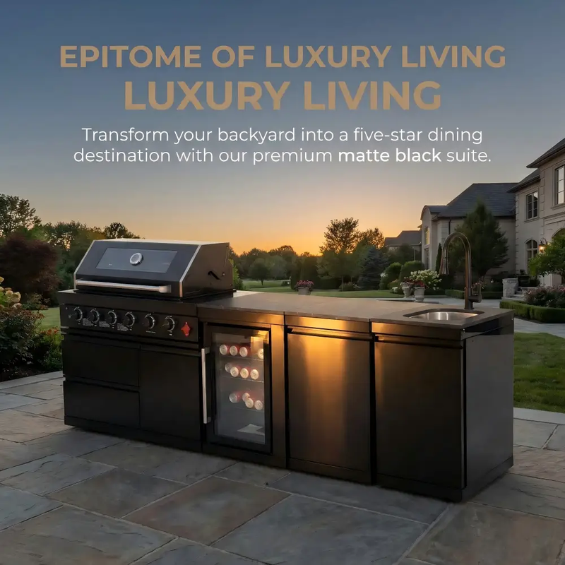 104" 4-Burner 72,000 BTU Black Outdoor Kitchen Bar Barbecue Island Grill + Wine Cooler + Sink by Chery Industrial