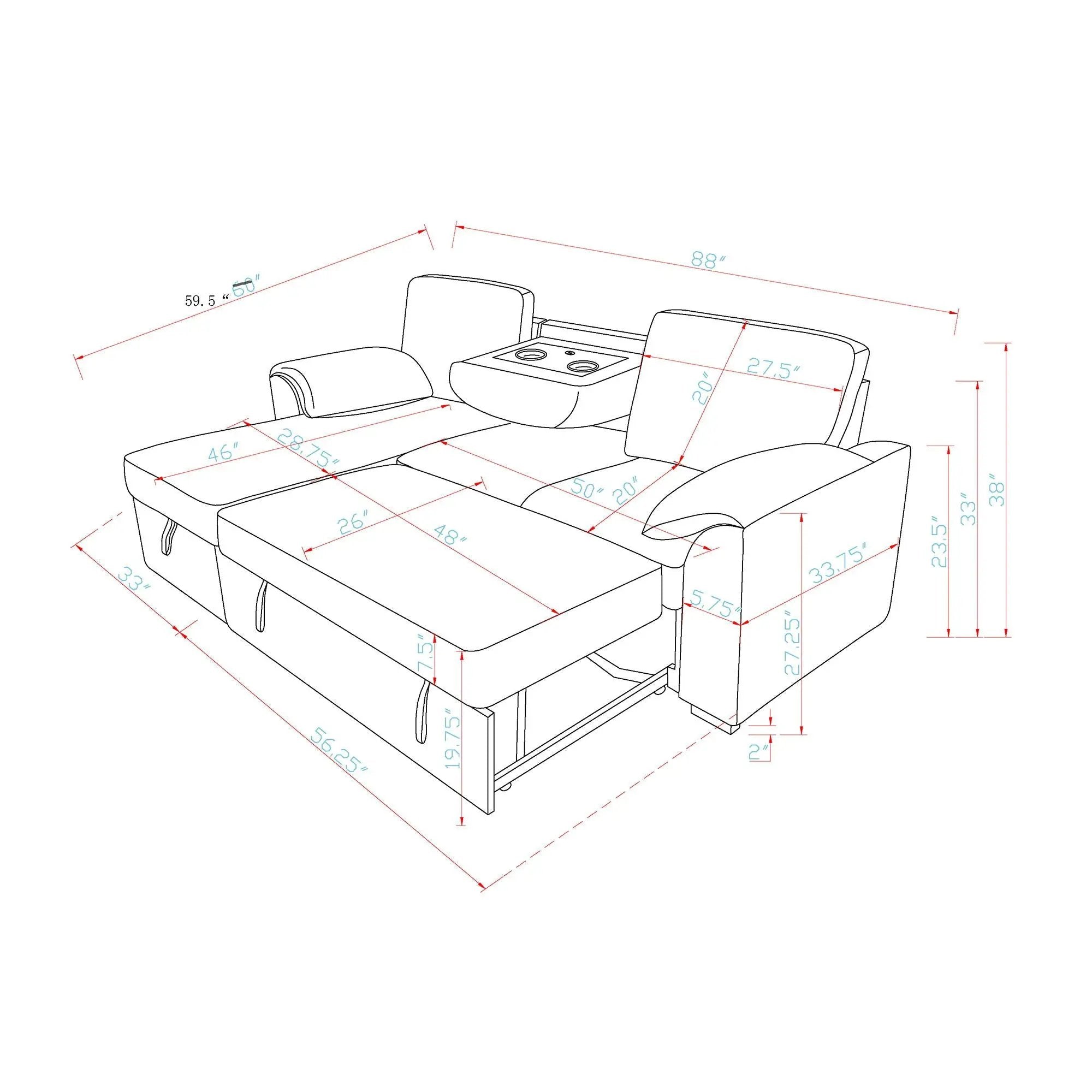 Rebecca - Sofa With Pull Out Bed, Storage Chaise, USB And Cup Holders - Dark Gray