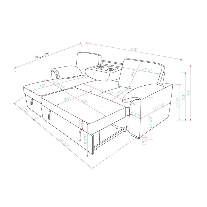 Rebecca - Sofa With Pull Out Bed, Storage Chaise, USB And Cup Holders - Dark Gray
