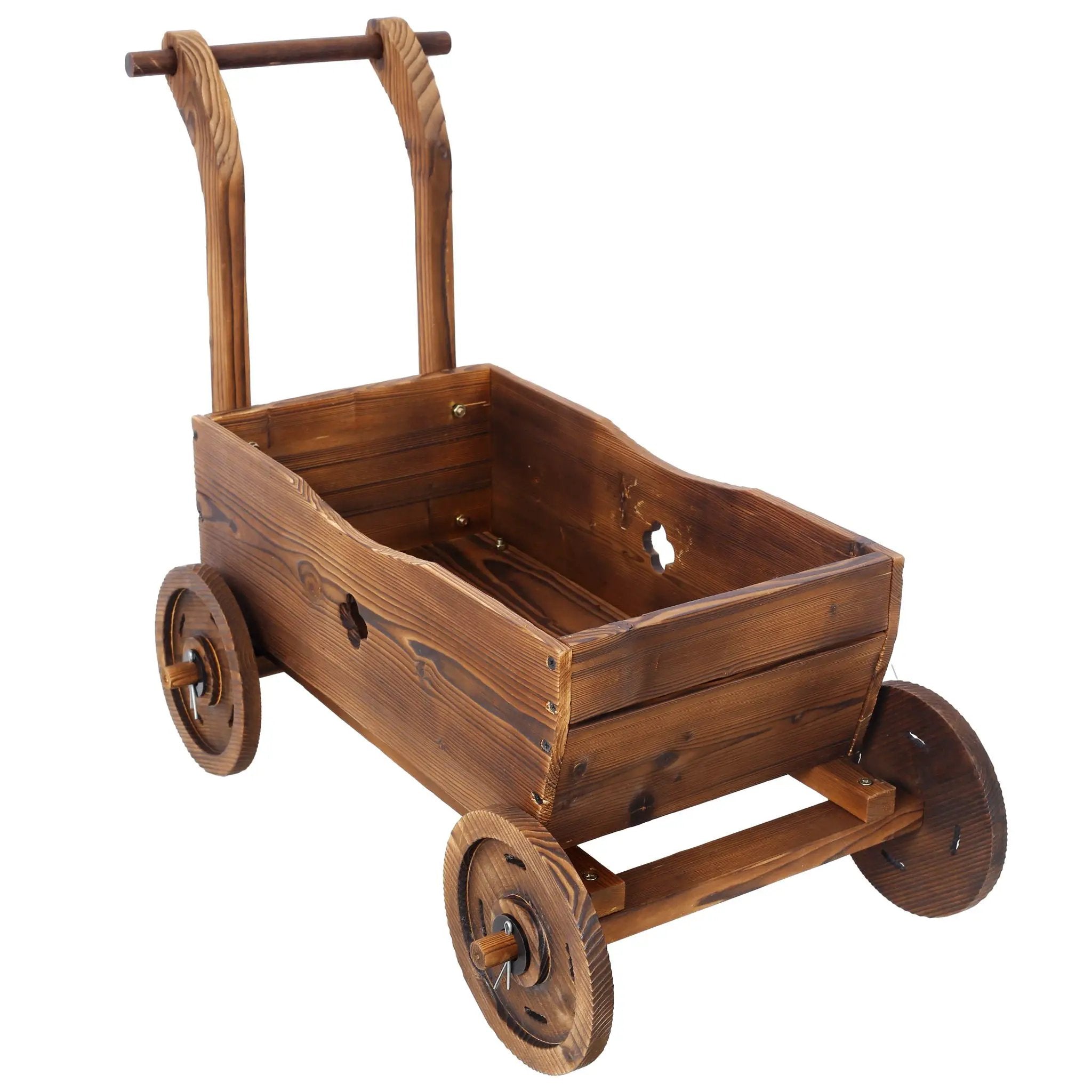 Wooden Wagon Planter Box Mobile Garden Planter With Wheels Handle Drain Hole Wood - Brown by HouseOfZazla