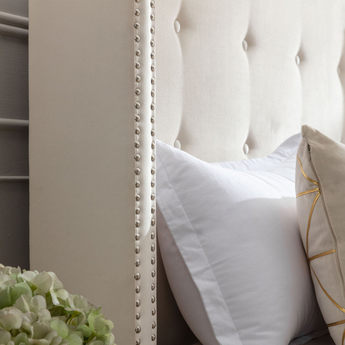 Upholstered Bed with 54" High Headboard and Hand Buttoned Tufting - White or Blue, photo 7 of 40