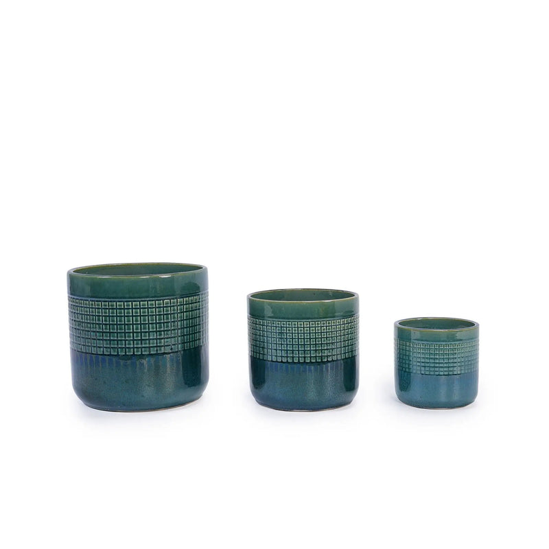 Grid Flowerpot (Set of 3), Planter For Patio, Garden, Windowsill - Blue / Green by Unique Piece Furniture
