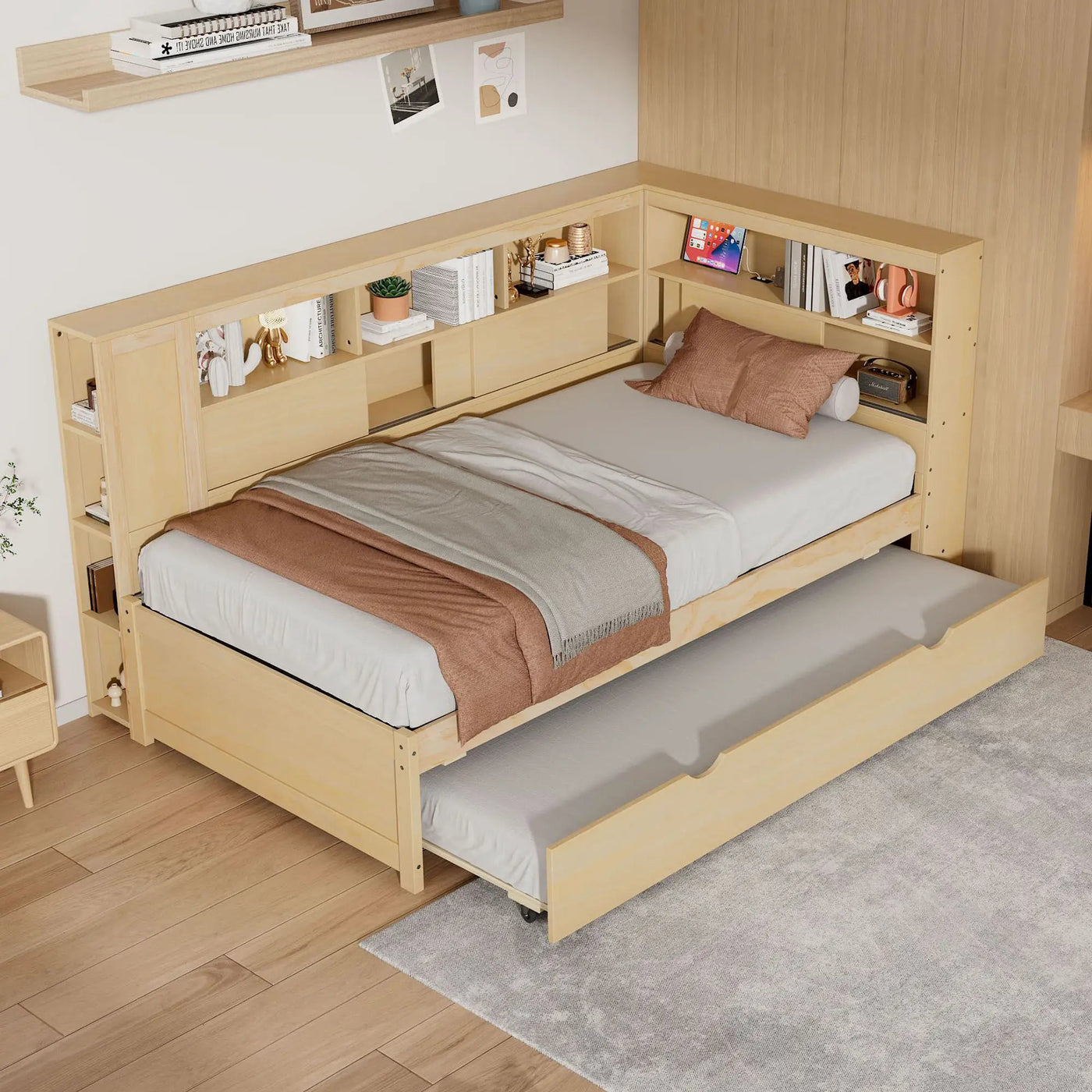Daybed With Storage Shelves, USB Charging, And Trundle Bed by HouseOfZazla