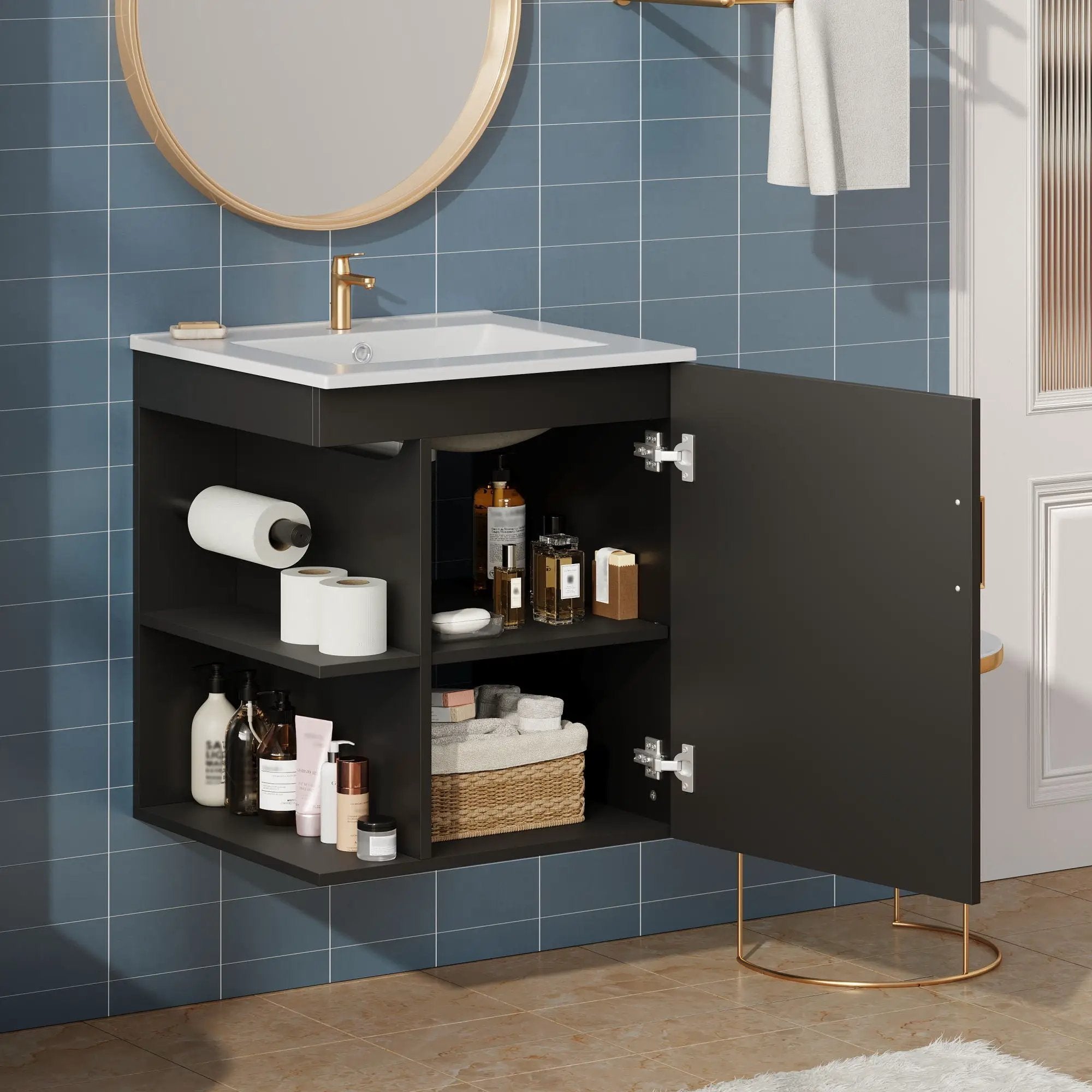Modern Wall Mounted Bathroom Cabinet With Side Shelf And Ceramic Sink by Unique Piece Furniture