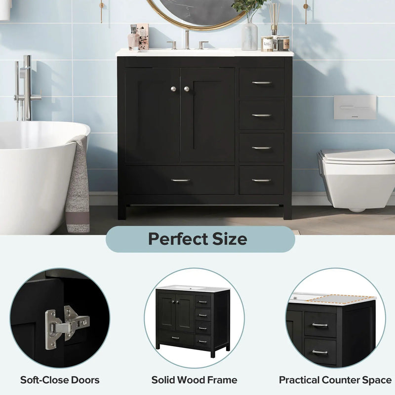 Bathroom Vanity With Ceramic Sink Combo, Abundant Storage Cabinet 2 Soft Close Doors And 5 Drawers by HouseOfZazla