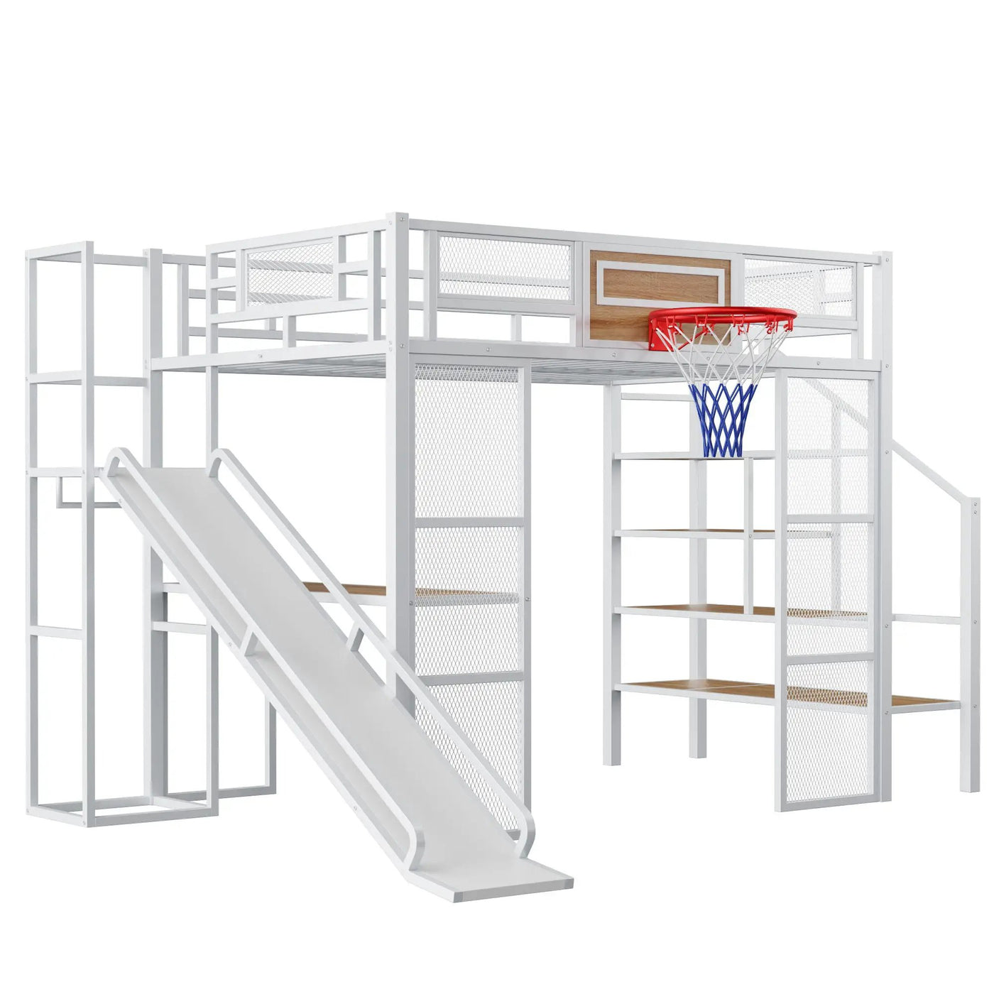 Loft Bed With Built In Desk, Open Wardrobe, Basketball Hoop, Slide And Staircase by HouseOfZazla