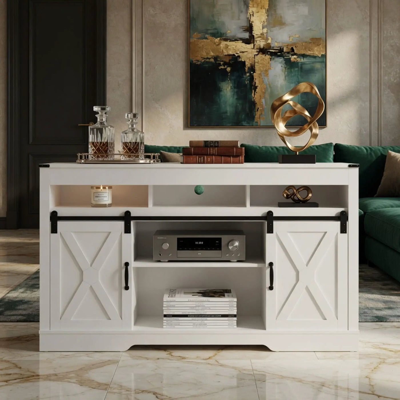 Farmhouse TV Stand With Sliding Barn Doors & Adjustable Storage by HouseOfZazla