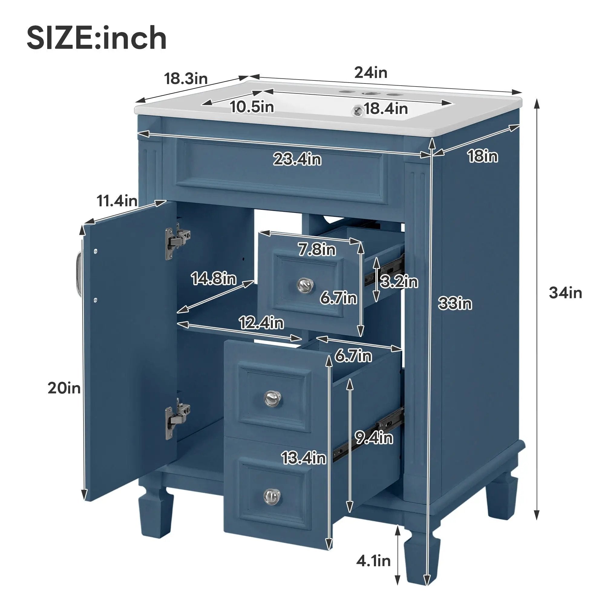 Bathroom Vanity With Ceramic Sink, Compact Cabinet With 2 Drawers And Adjustable Shelf - Blue by Unique Piece Furniture