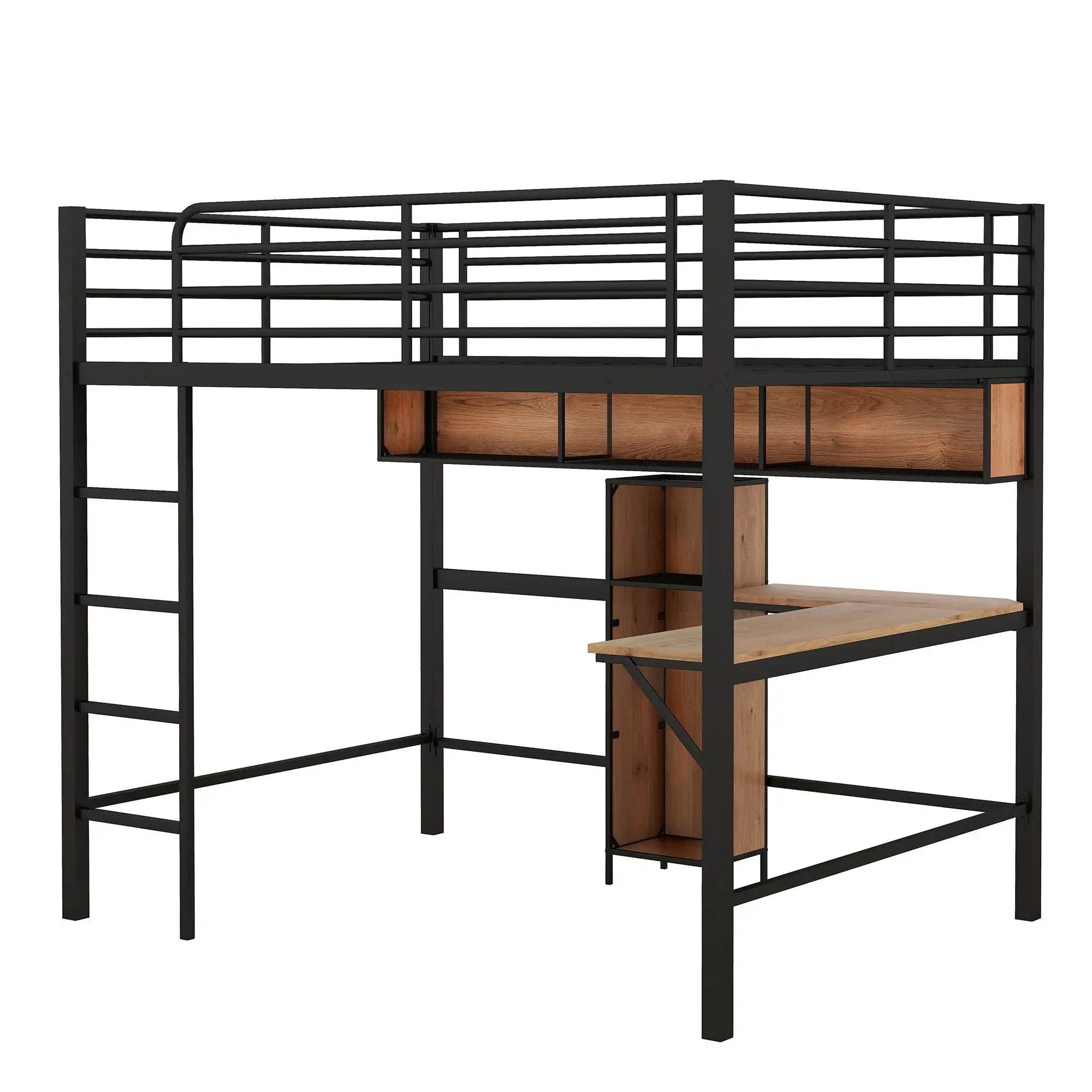 Full Size & Loft Bed With L-Shaped Desk And Shelves - Black by Unique Piece Furniture