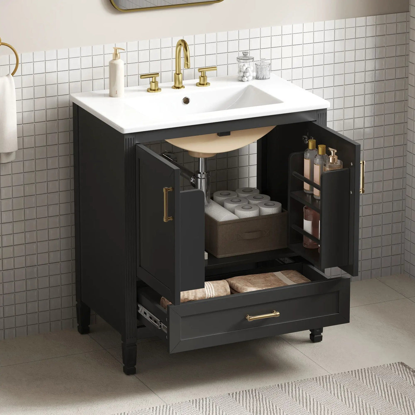 Elegant Fluted Bathroom Vanity With Sink, Soft Close Doors & Drawer by HouseOfZazla
