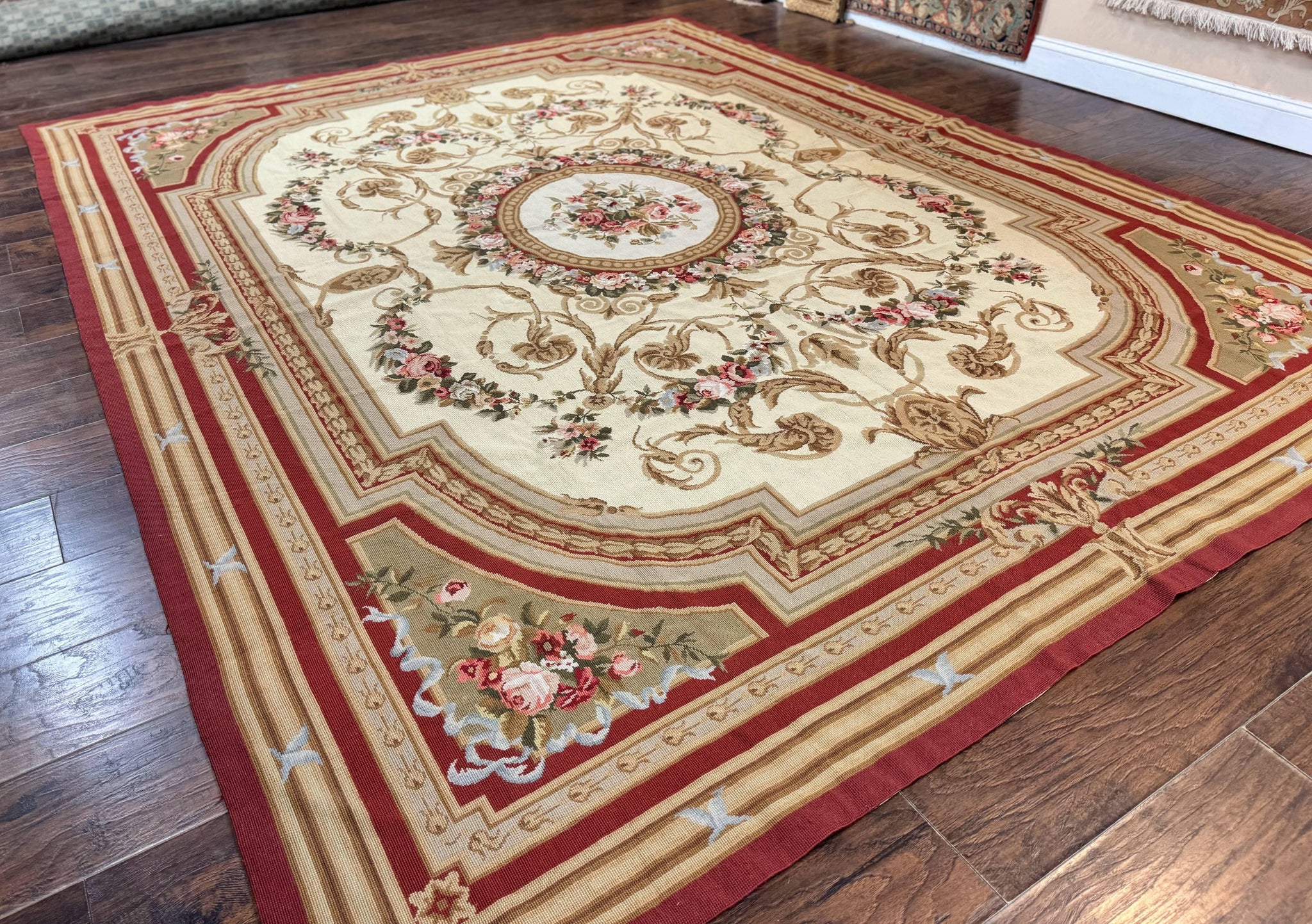 Aubusson Needlepoint Rug 9x11, Handmade Vintage Wool Flatweave Carpet, Elegant European Rug, Floral, Cream by Jewel Rugs