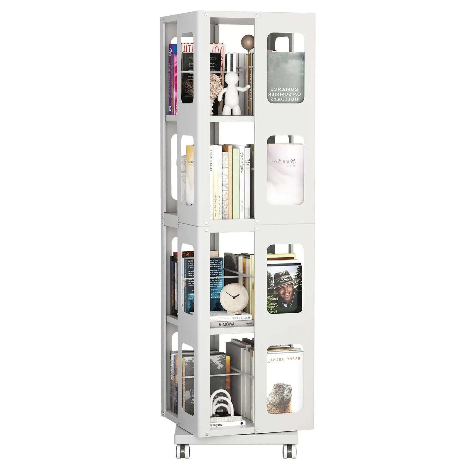 4 Tier All Steel Rotating Bookshelf With 360° Wheels, Large Size Sturdy & Spacious Book Rack, New Style Bookshelf - White by HouseOfZazla