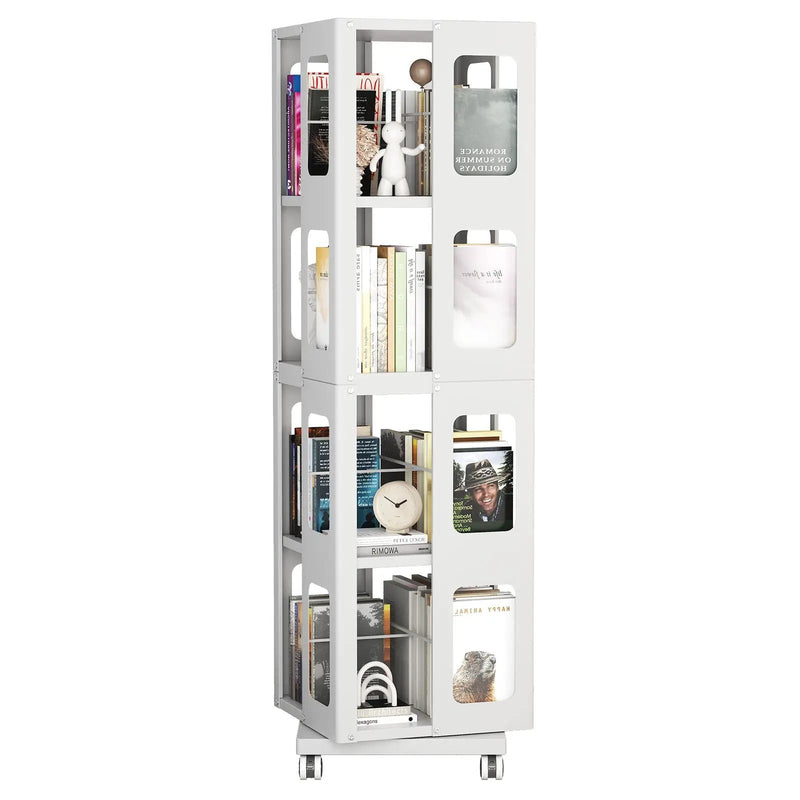 4 Tier All Steel Rotating Bookshelf With 360° Wheels, Large Size Sturdy & Spacious Book Rack, New Style Bookshelf - White by HouseOfZazla