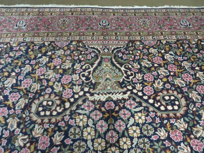 Turkish Sivas Rug 7x11, Navy Blue & Pink, Millifluer Floral Wool Carpet, Vintage by Jewel Rugs