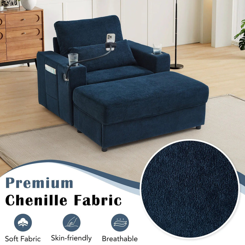 Modern Style Armchair Chaise Lounge Sofa Couch With Movable Storage Ottoman, USB Ports, Cup Holders, Phone Holder, Side Pockets by Unique Piece Furniture