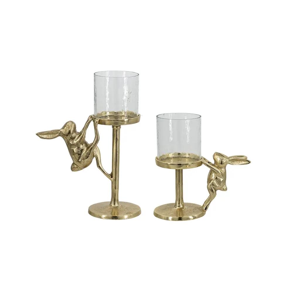 Set of 2 Gold Rabbit Pillar Candle Holders with Clear Glass Hurricane Shade by HouseOfZazla