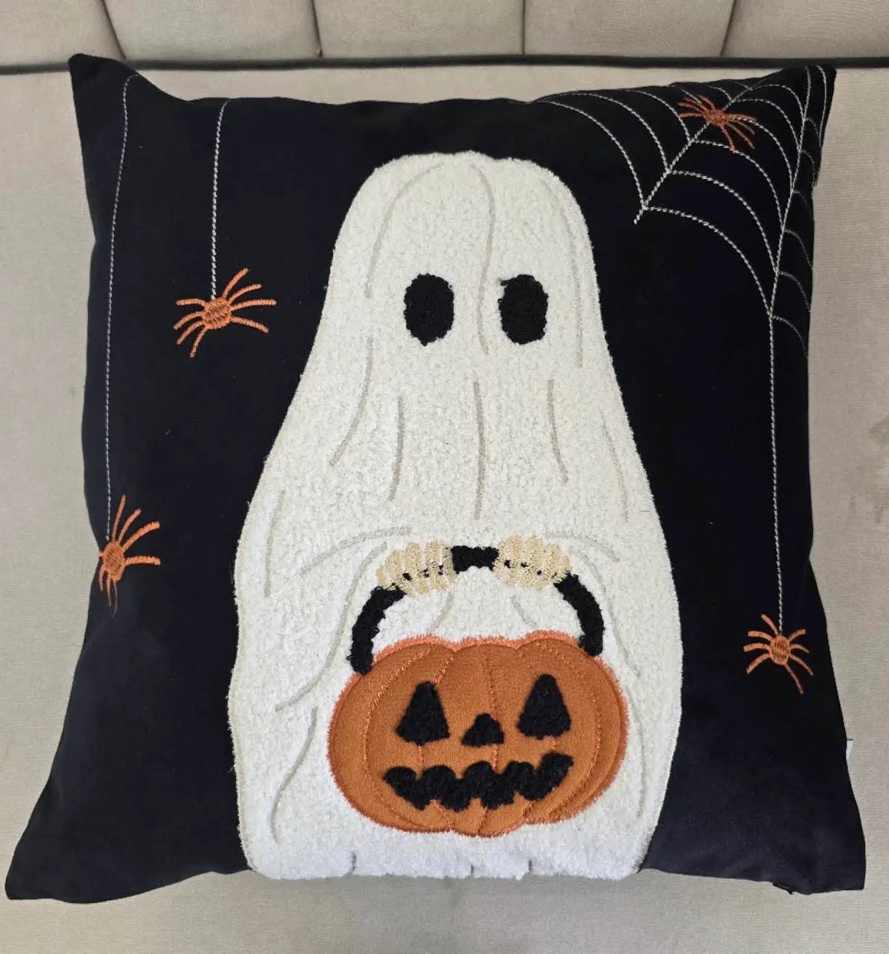 Halloween Ghost With Pumpkin Bucket Throw Pillow by HouseOfZazla