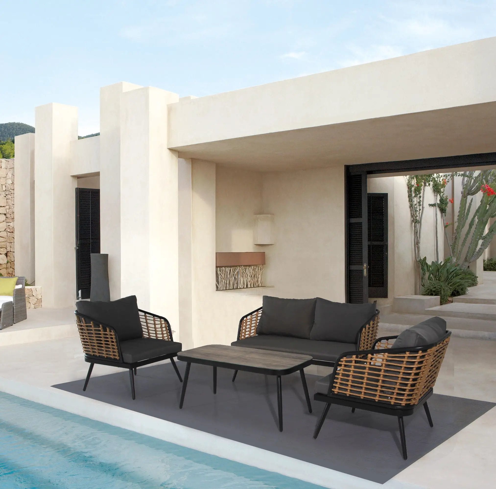 4 Pieces Patio Furniture Set, PE Rattan Wicker With Washable Cushion And Tempered Glass Tabletop, Conversation Furniture For Garden Poolside Balcony by HouseOfZazla